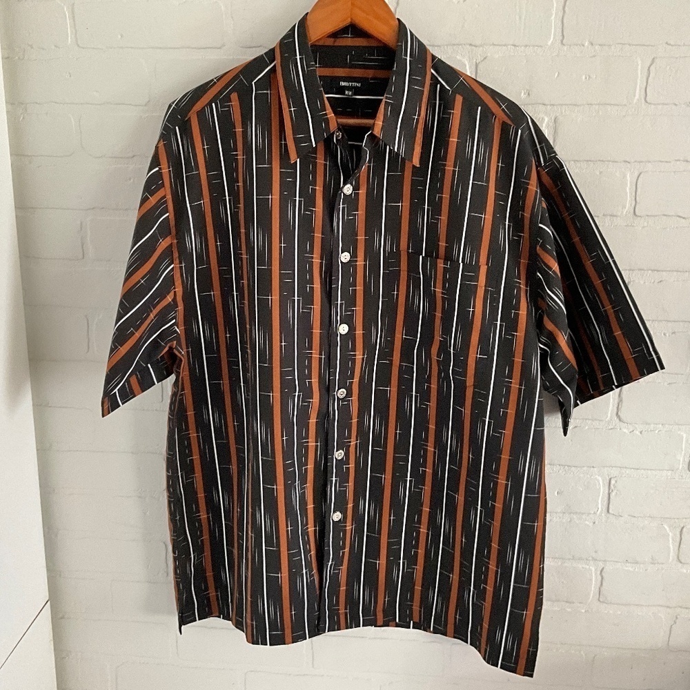 Bruttini Men’s Button down shirt Black/Cinnamon brown/White Stripes M